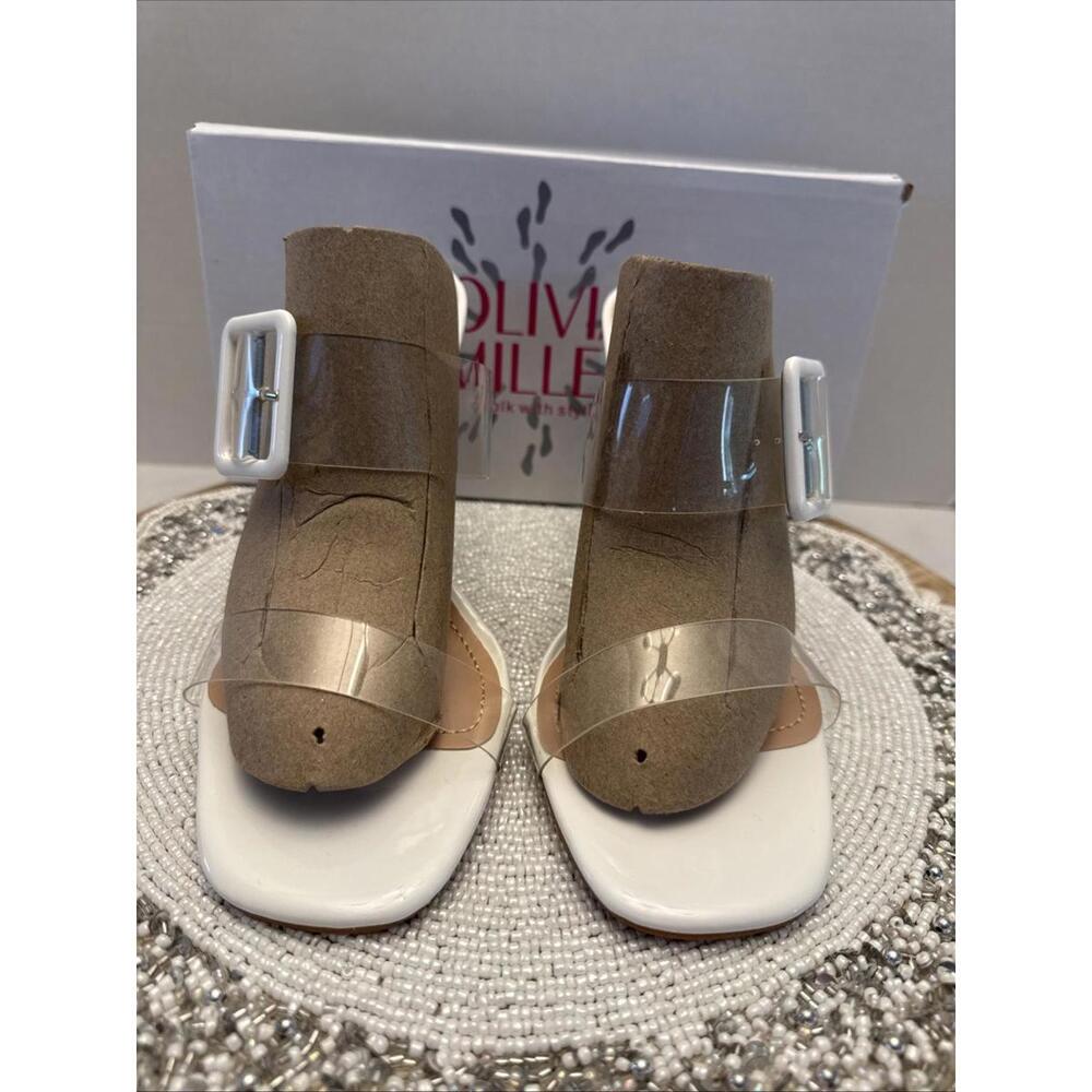 Olivia Miller White Slip On Adjustable Buckle Sandals Heels